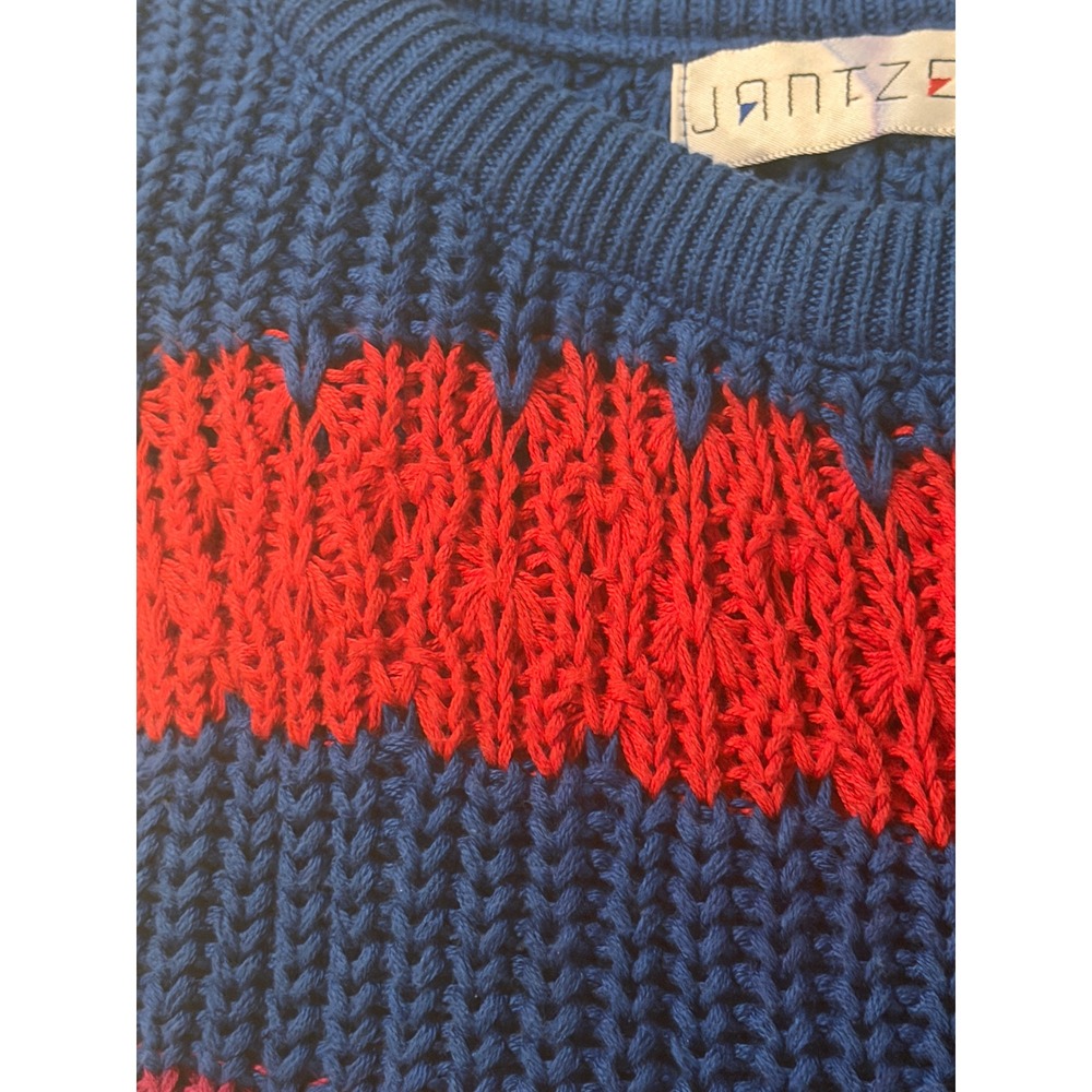 Vintage Jantzen | Striped Cotton Knit Sweater Small Blue Red Grandpa Made in USA - Picture 8 of 8